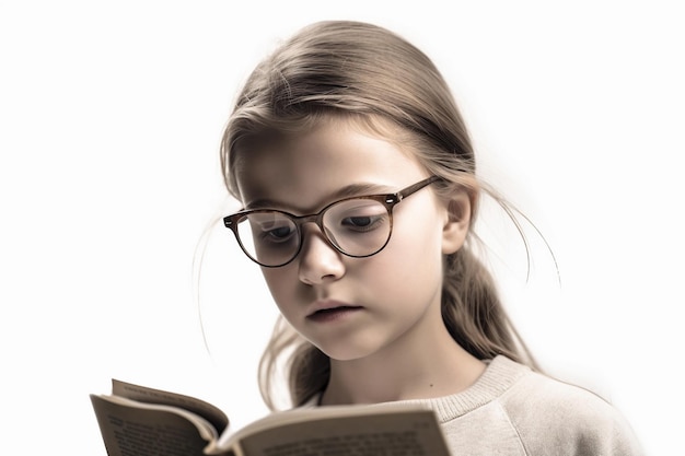 Una niña leyendo un libro con un fondo blanco.