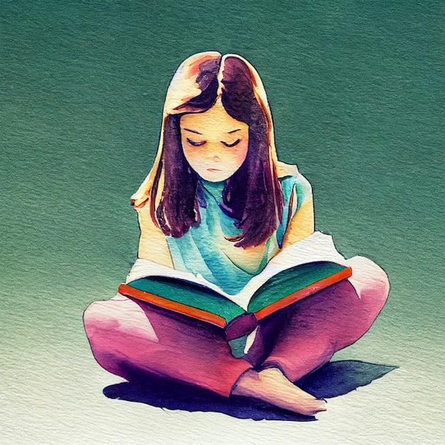 Foto niña leyendo un libro, ilustración acuarela