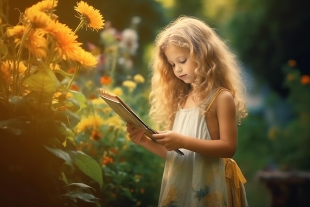 Una niña leyendo un libro en un jardín.