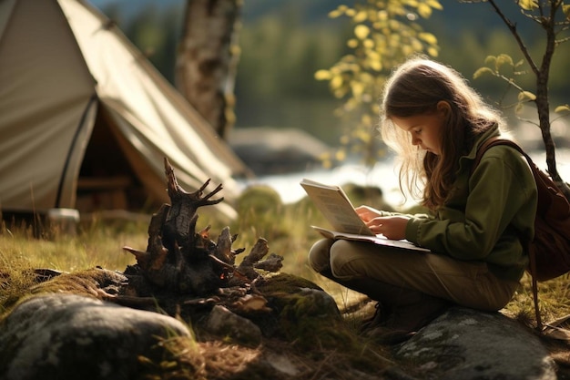 Una niña leyendo un libro junto a una fogata