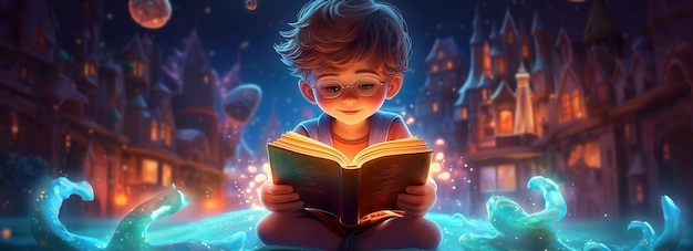 Niña leyendo un libro mágico ilustración de concepto de fantasía Cuento de hadas con luz fantástica