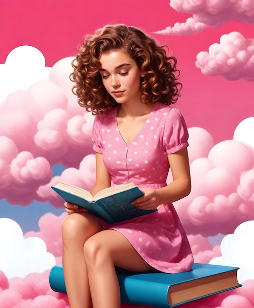 Niña leyendo un libro en nubes rosas