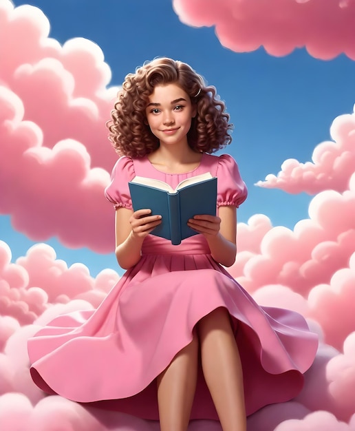 Niña leyendo un libro en nubes rosas