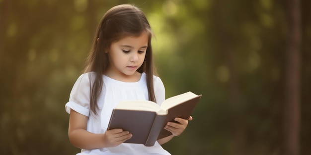 Una niña leyendo un libro en un parque