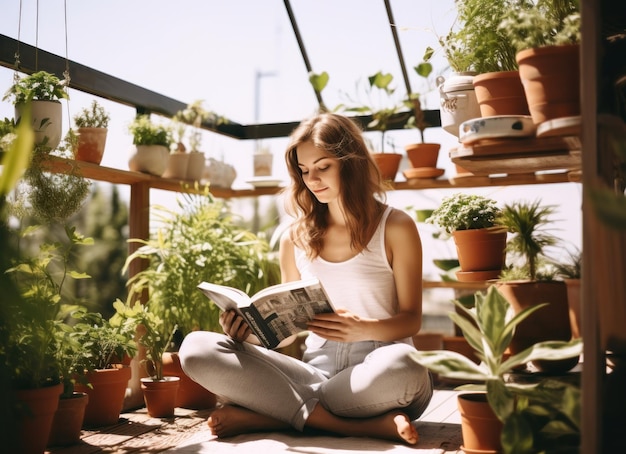 Niña leyendo un libro en el patio en un clima soleado