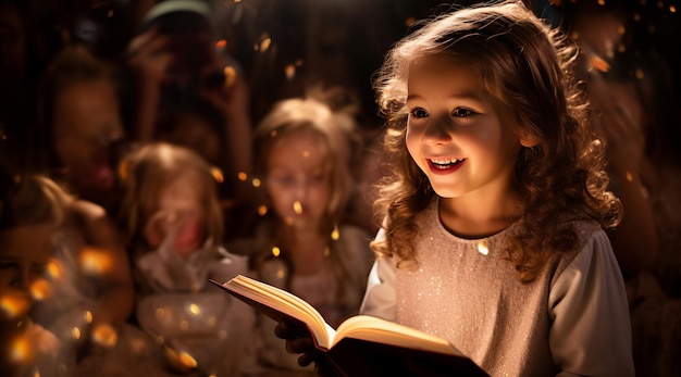 Foto niña leyendo a los niños en la iglesia