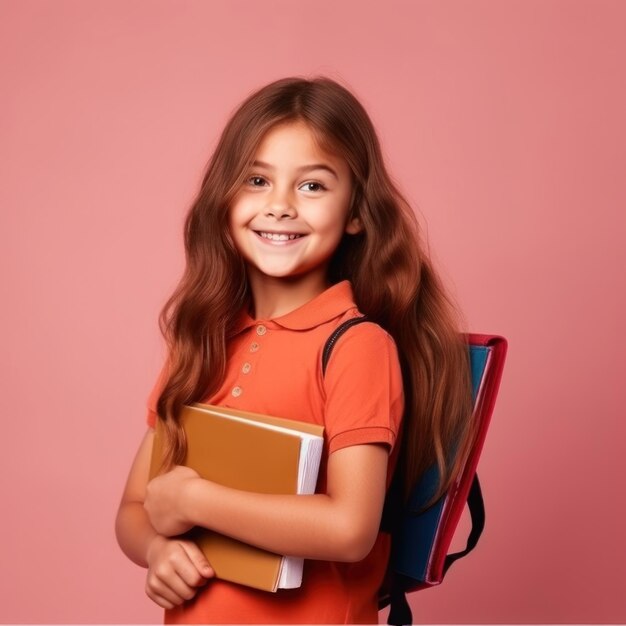 una niña con un libro al hombro y un fondo rosa.