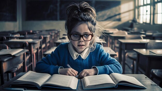 Niña con libros en clase