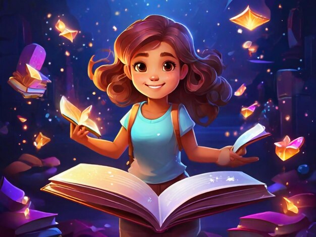 Foto niña con libros voladores con resplandor mágico y chispas ilustración de fantasía de dibujos animados vectorial de chi feliz