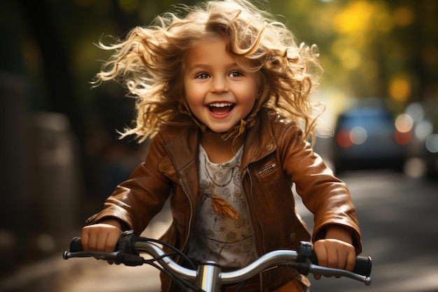 una niña linda y alegre monta una bicicleta en el parque de otoño