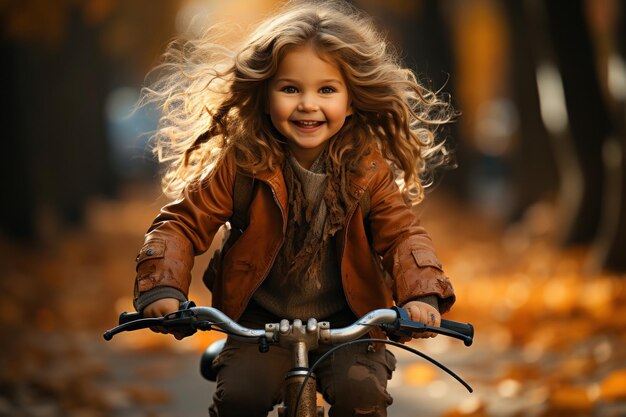 una niña linda y alegre monta una bicicleta en el parque de otoño