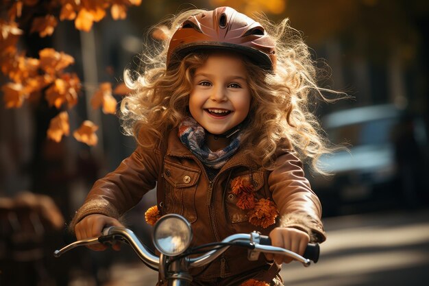 una niña linda y alegre monta una bicicleta en el parque de otoño