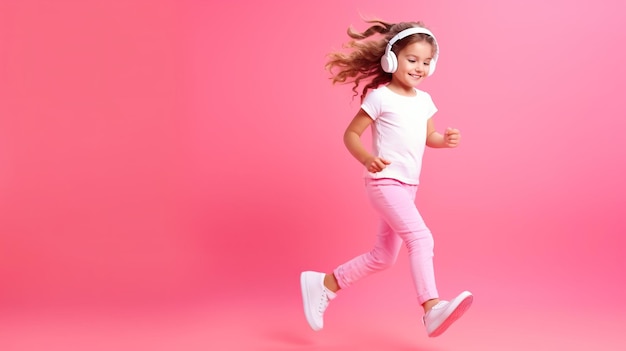 Foto niña linda con auriculares corriendo sobre un fondo rosa