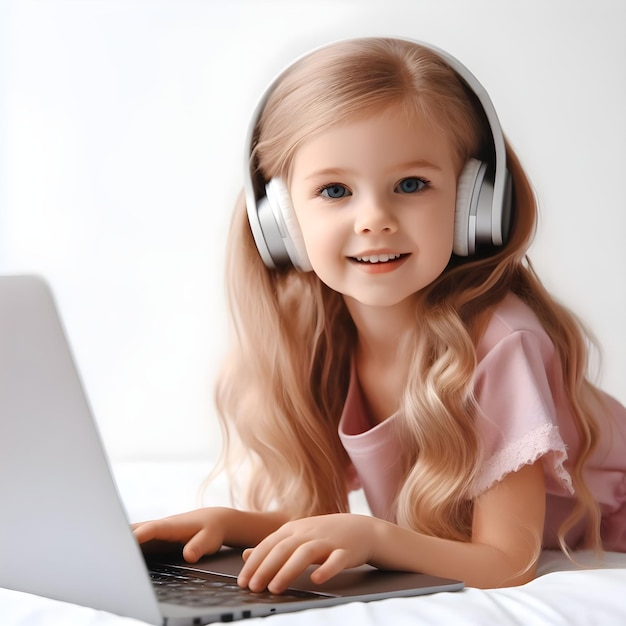 Foto una niña linda con auriculares frente a una computadora portátil sobre un fondo blanco