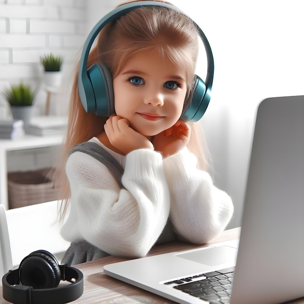 Una niña linda con auriculares frente a una computadora portátil sobre un fondo blanco
