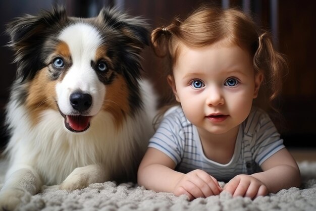 Una niña linda con un Border Collie en casa de cerca