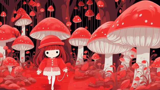 una niña linda en el bosque de hongos rojos ilustración infantil