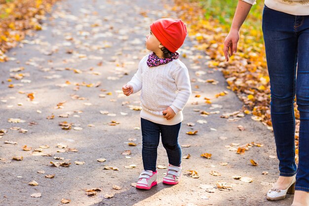 Niña linda en el bosque de otoño.