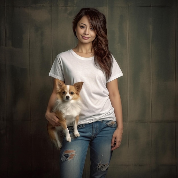 Niña linda con cabello largo y castaño con camisa blanca de verano y pantalones cortos posando IA generativa