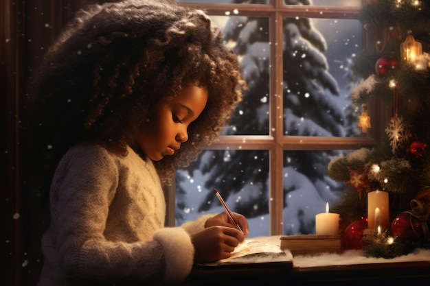 Una niña linda con el cabello rizado escribe la carta a Papá Noel