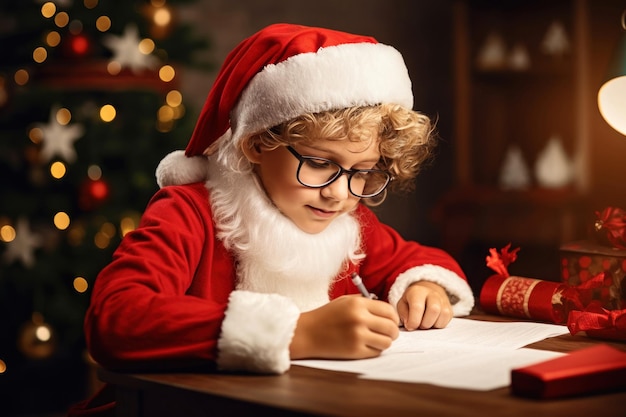 Foto una niña linda con el cabello rizado en el sombrero de papá noel escribe la carta a papá noel