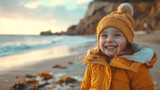 Una niña linda con chaqueta amarilla cerca de la orilla del mar riendo y posando un concepto de familia feliz IA generativa