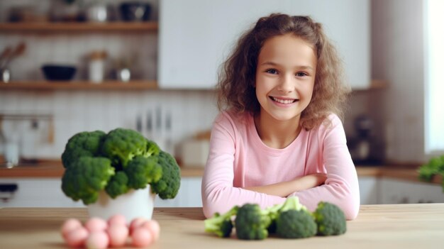 Niña linda cocinando comida saludable en la cocina en casa IA generativa