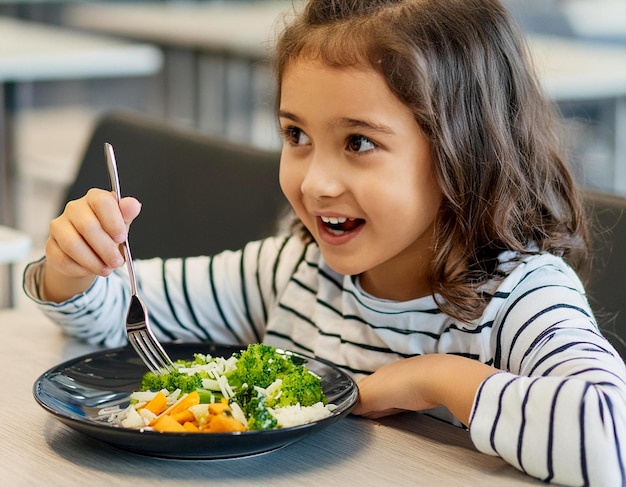 Una niña linda come comida saludable en la cafetería de la escuela