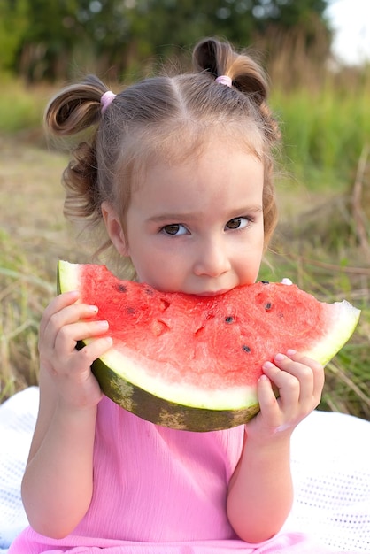 Niña linda comiendo sandía en la hierba en verano