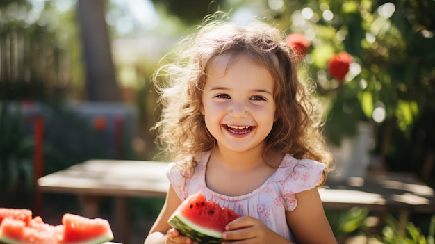 una niña linda comiendo sandía en el jardín