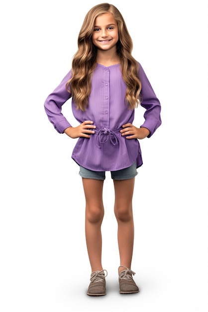 Una niña linda con cuerpo completo, cabello largo y una camisa púrpura está aislada sobre un fondo blanco