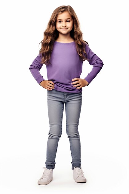Una niña linda con cuerpo completo, cabello largo y una camisa púrpura está aislada sobre un fondo blanco