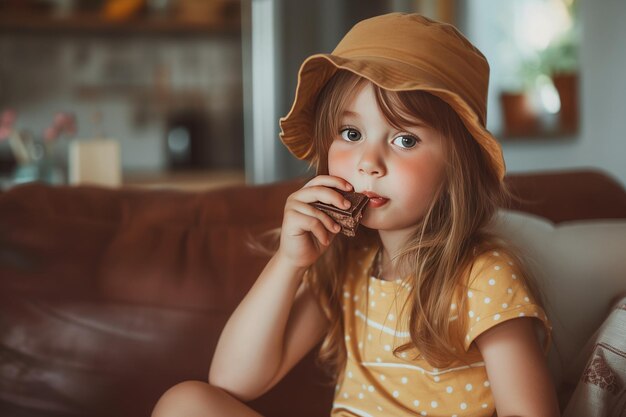 Una niña linda devora una barra de chocolate en casa