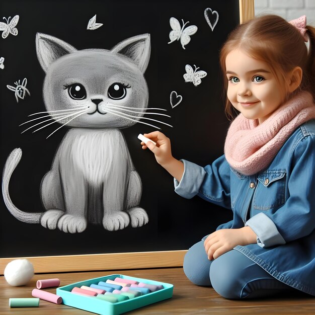 Foto una niña linda dibujando un gato con tiza en una tabla