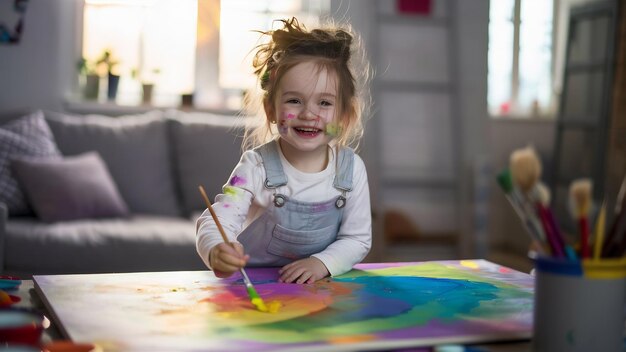 Una niña linda dibujando con pintura y pincel en casa.