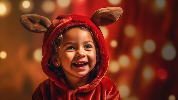 Una niña linda con un disfraz de ciervo para Navidad