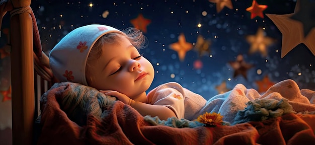 Una niña linda durmiendo en una cuna en el fondo del cielo estrellado de la noche. Ilustración generada por la IA.