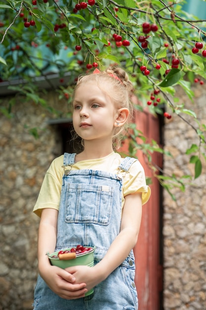 Niña linda escoge una cereza de un árbol en el jardín de cerezos