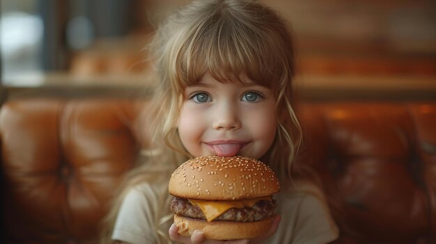 Una niña linda está comiendo una hamburguesa con queso en un estudio con la lengua fuera