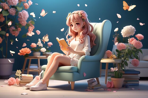 Una niña linda está leyendo un libro en una silla en su habitación