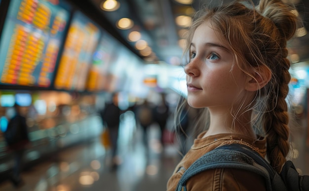 Una niña linda está mirando el tablero de horarios en el aeropuerto mientras espera su vuelo