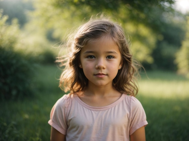 Una niña linda está de pie en una naturaleza de verano