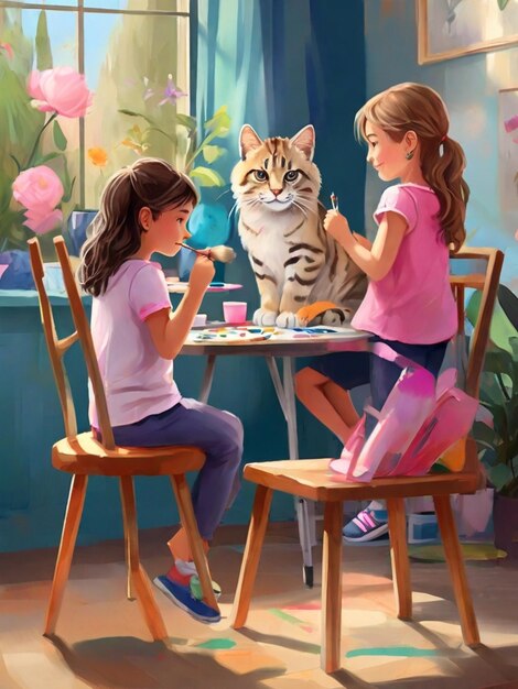 una niña linda está sentada en una silla y pintando un cuadro de los grandes y hermosos gatos y tienen rea