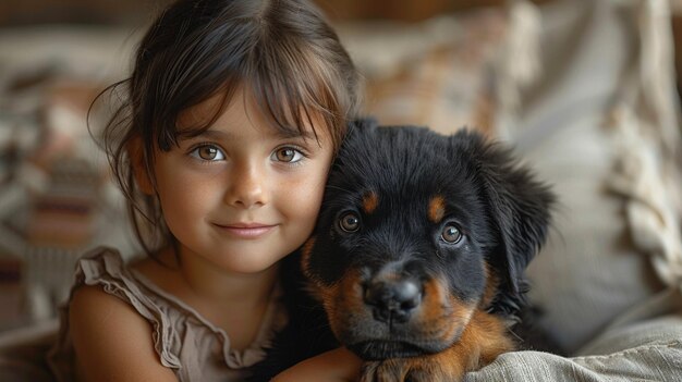 Una niña linda está sentada en el sofá de la sala de estar y sostiene cachorros en sus manos