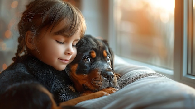 Una niña linda está sentada en el sofá de la sala de estar y sostiene cachorros en sus manos