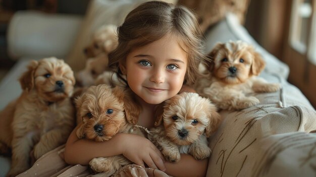 Una niña linda está sentada en el sofá de la sala de estar y sostiene cachorros en sus manos