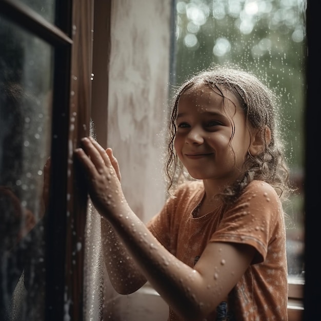 Una niña linda está sola y triste en la lluvia junto a la ventana con gotas pensativas y deprimidas