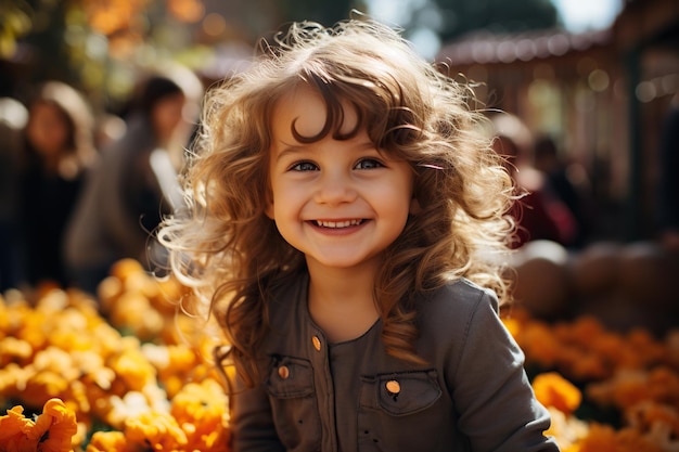 Una niña linda está sonriendo en el patio de juegos al aire libre en un fondo