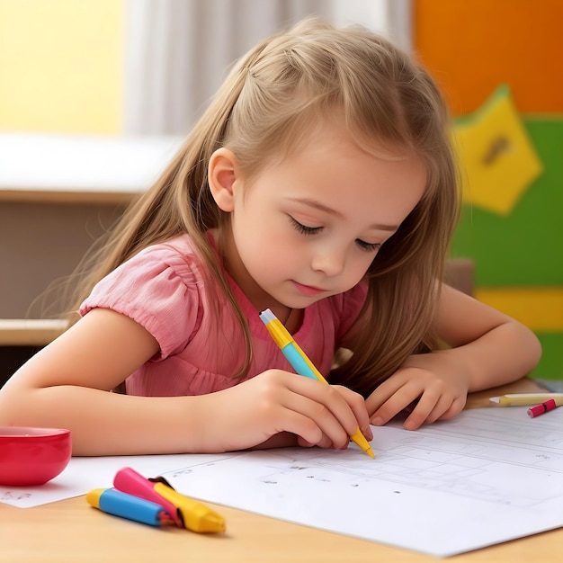 Una niña linda estudia en la mesa generada por AI