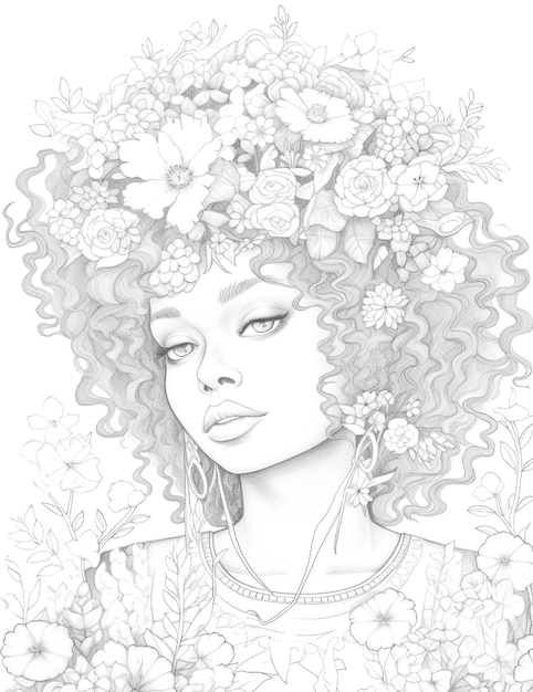 Foto niña linda con flores en el cabello dibujo de contorno